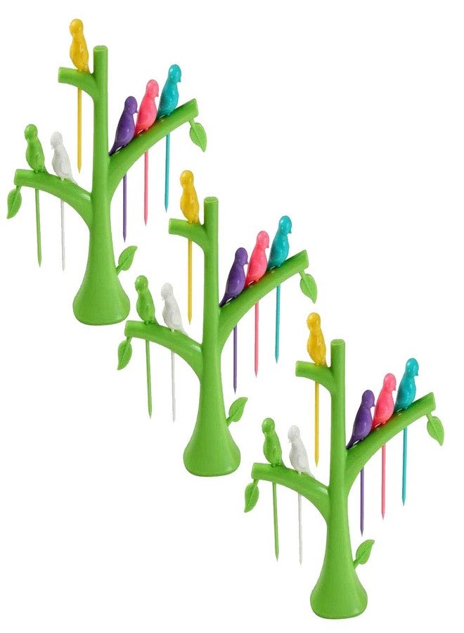 Kitchwish Creative Tree Shape Bird Fruit Fork Set - 6 Colorful Bird Forks with Stand for Snacks, Salad, and Fruits (Green) Set of 3 - Image 1
